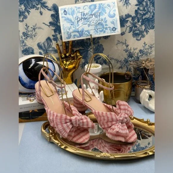 🆕 LOEFFLER RANDALL 🧿 NWOT Dahlia Soft Pink Gingham Pleated Bow Heel, Sz 7 - Picture 2 of 15